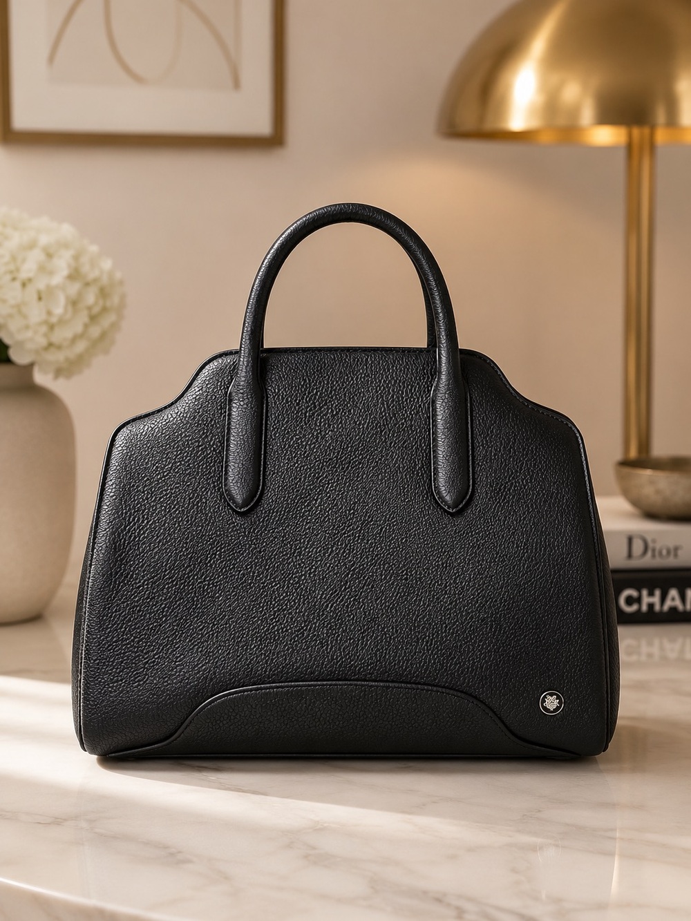 Loro Piana Black Grained Leather Top Handle Bag Quiet Luxury Handbag - Picture 2 of 9